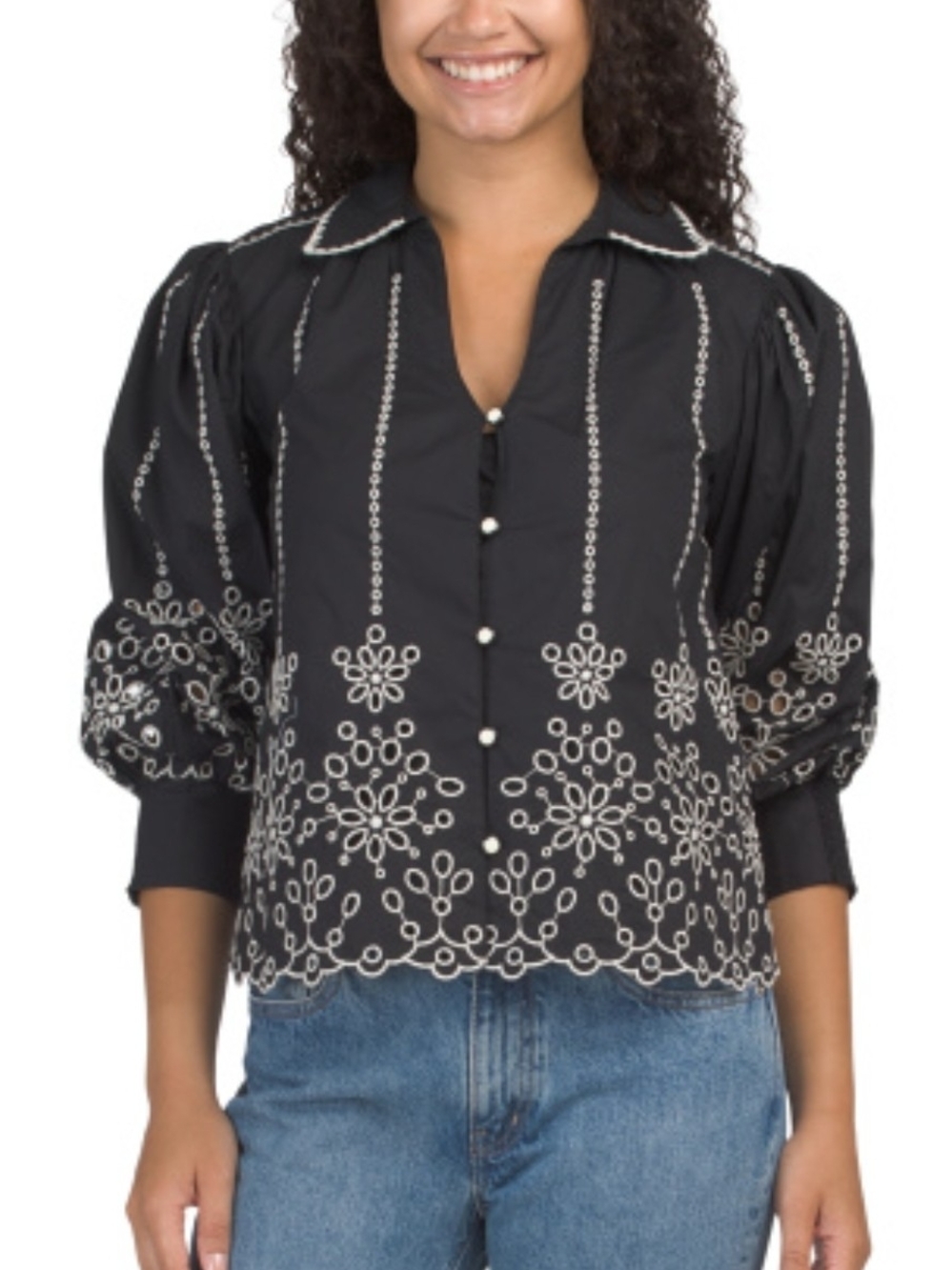Elie Tahari Black Blouse with White Embroidery